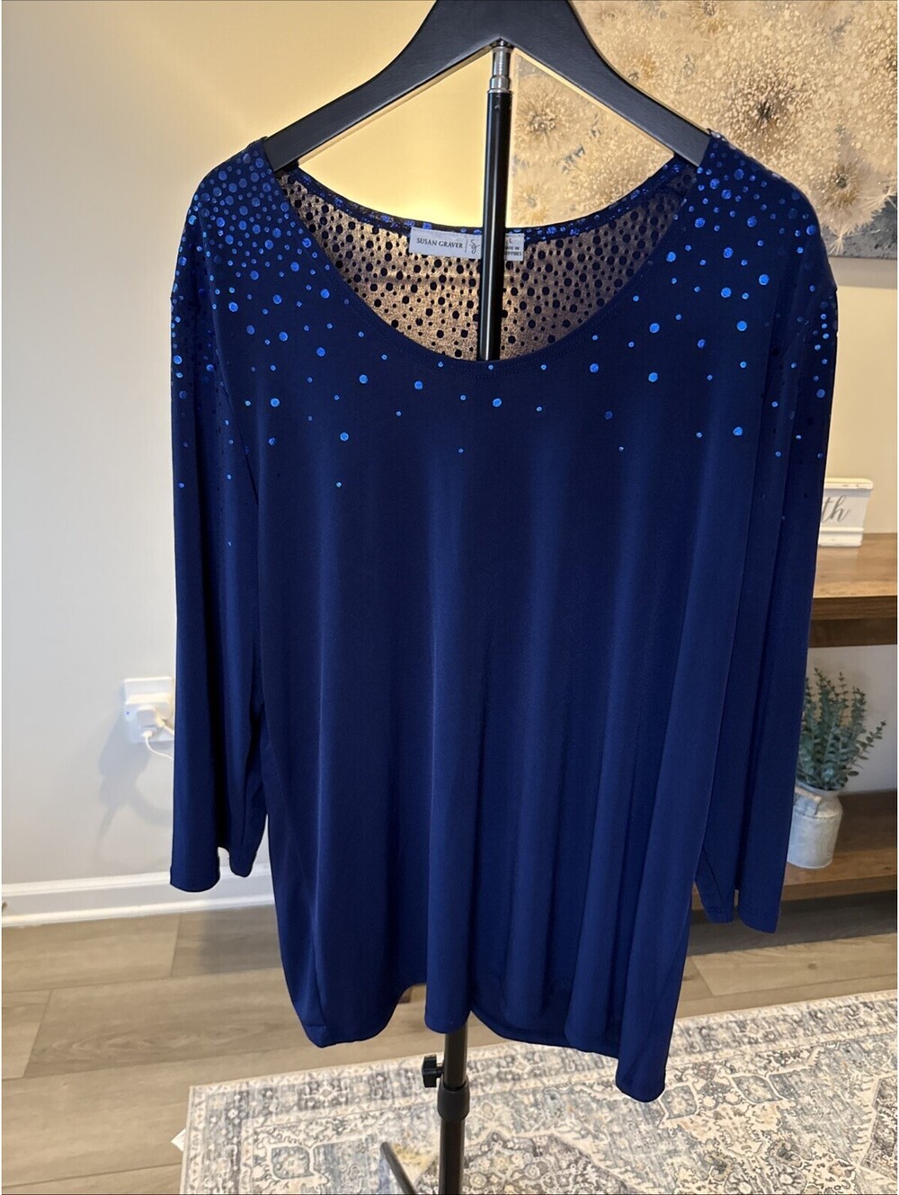 Susan Graver Navy Sparkle 3/4 Length Sleeve Top Size L